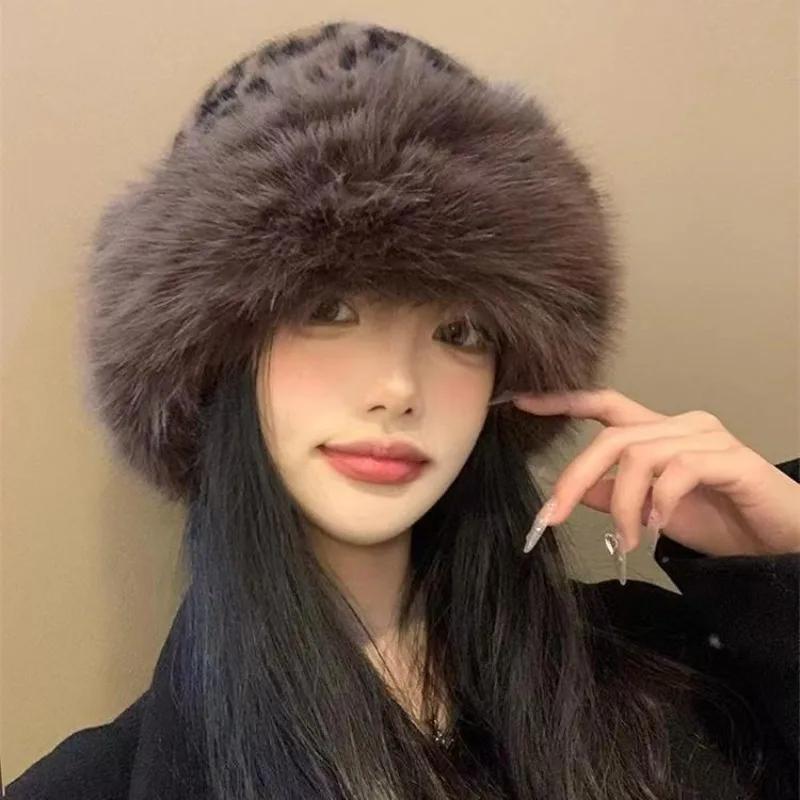 Ins Leopard Print Bucket Hat Women Fashion Furry Fisherman Cap Faux Fur Warm Winter Luxury Ear Protection Plush Panama for Girls