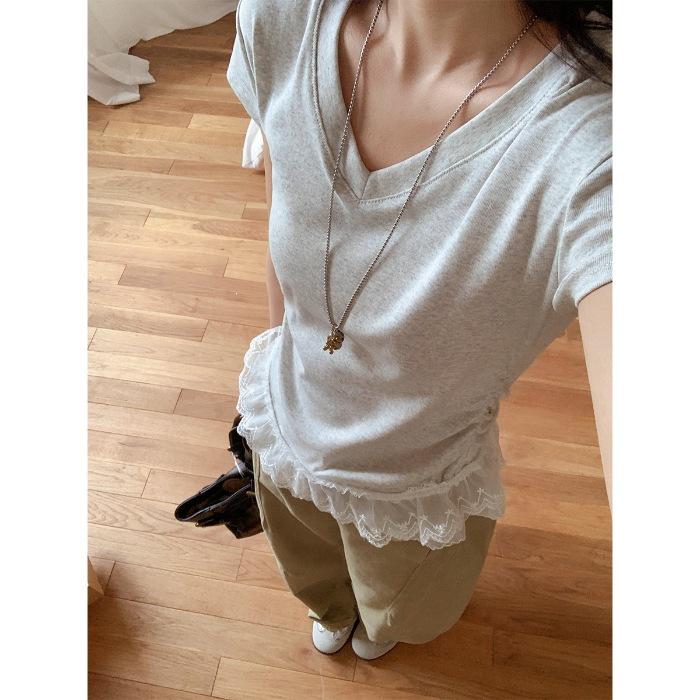 

Special Korean pure desire V-neck lace splicing hem pleats waist pinch short-sleeved T-shirt women S