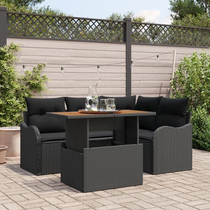 Ensemble de canapé de jardin de 5 pièces avec coussins en rotin poly noir Acacia, Canapé de jardin 2 places avec coussins 3349456