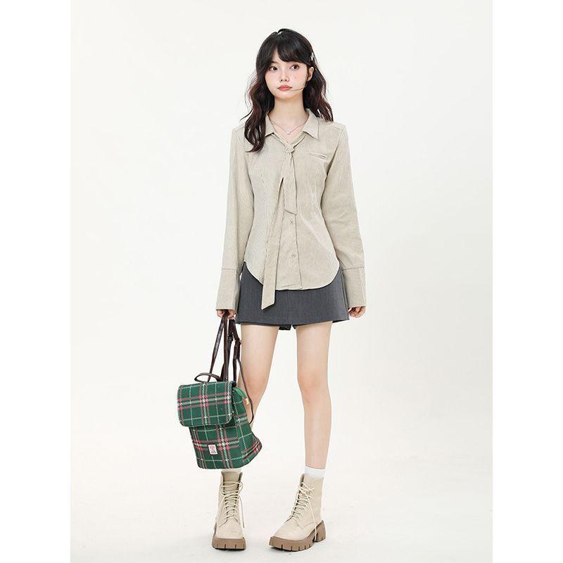 

Женская полосатая рубашка с длинным рукавом на шнуровке, приталенная, с отложным воротником, блузка с акцентом на талии, осенний корейский женский модный топ M