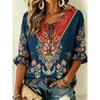 Women Round Neck Tie 3/4 Ruffle Sleeve Blouse, Symmetrical Geometric Ethnic Floral Print, Blouse for Travel & Outdoor