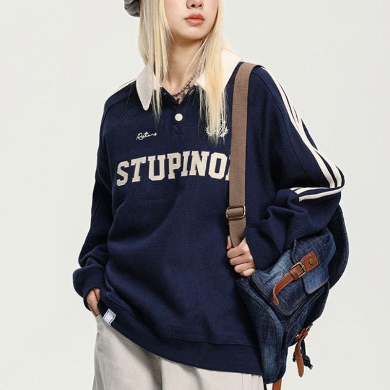 Vintage College Waffle American Style Polo Collar Hoodie Women Loose Casual Couple Stripe Raglan Sleeve Top