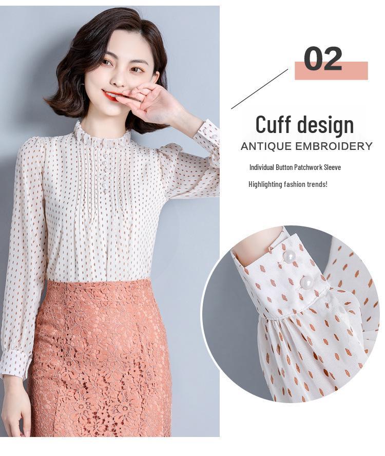 Moda coreana Primavera 2026: Camicia Larga in Chiffon a Pois con Volant - Top Elegante e alla Moda per Donna