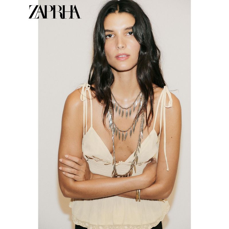 Zaprha 2025 Summer New Island Beautiful Beige Honeycomb Grid Patchwork V-neck Sling Top 0881010