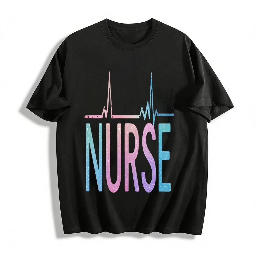 Gradient ECG Pattern Nurse Themed Casual T-Shirt Pure cotton T-shirt XXS