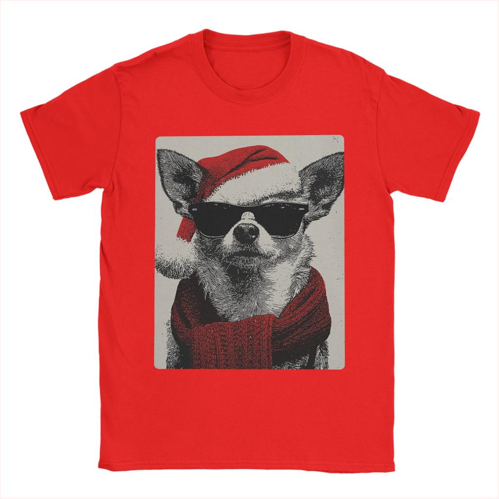 Vánoční čivava se slunečními brýlemi a čepicí Santa Clause, vtipné psí tričko pro muže, úžasná trička, prodyšné tričko, nadměrné oblečení