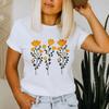 Three Stem Yellow Wildflower Watercolor Crew Neck Tee, Minimal Boho Cottagecore Botanical Spring Nature Casual Women Short Sleeve T Shirt
