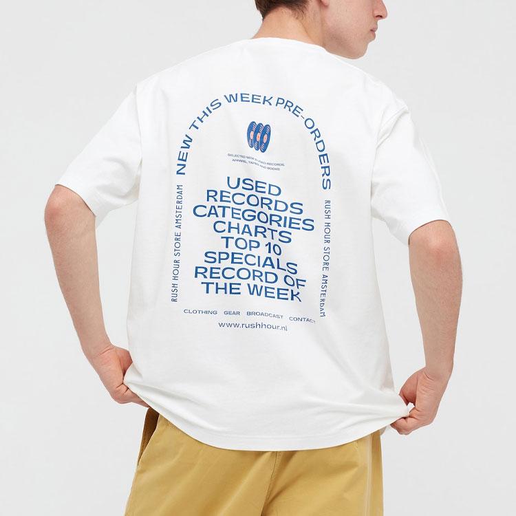 Uniqlo Buchstabenprint Schallplatte Rundhals T-Shirt Unisex Oberteile Weiß 434377-00