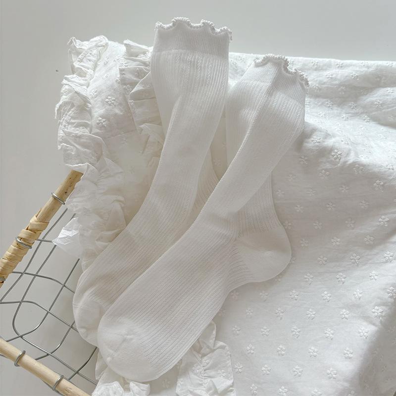 Women's White Ruffled Mesh Crew Socks - Breathable, Sweat-Absorbent, Solid Color, Trendy Summer Style