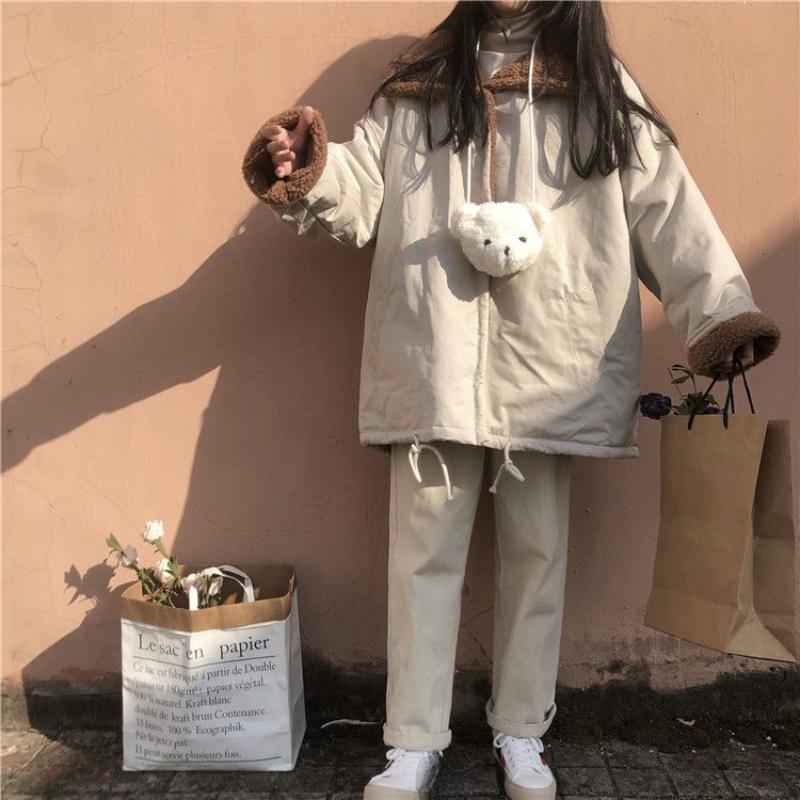 Winter Korean Sweet Warm Lamb Wool Coat Women Chic Cute Two Sided Wear Patchwork Thick Clothes College Style Casual Fashion Outerwear