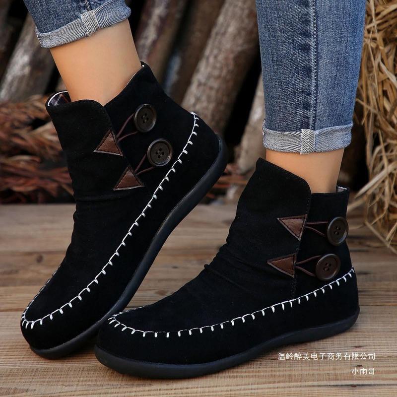 Kurze, röhrenförmige Wildlederstiefel mit flacher Sohle für Damen, dünne, runde Zehenpartie im Retro-Stil