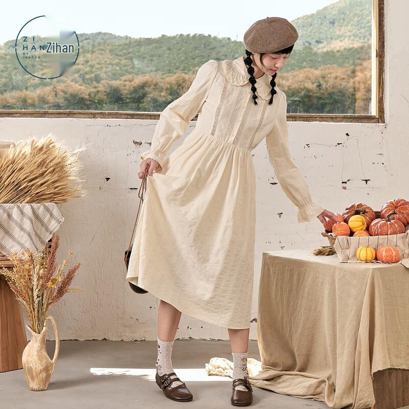 ZIHAN Women s Mid-Length Puff Sleeve Lapel A-Line Shirt Dress M