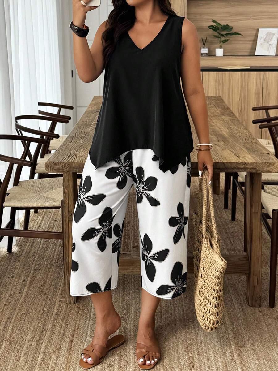 

Elegant Women s Printed 7-Point Casual Pantsuit 3XL чорний