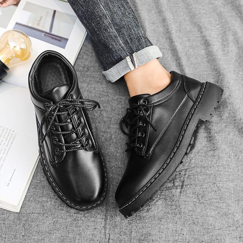 Black Round Toe Thick Sole Men's Leather Shoes Comfortable Low Price New in Elegant High Quality Fashion 2025 Male Casual Shoe