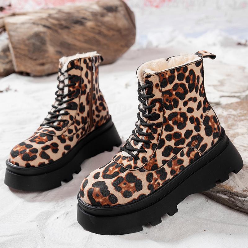 Lucyever Punk Leopard Print Combat Boots Women Fashion Chunky Thick Plush Ankle Boots Woman  Lace Up Platform Booties Mujer