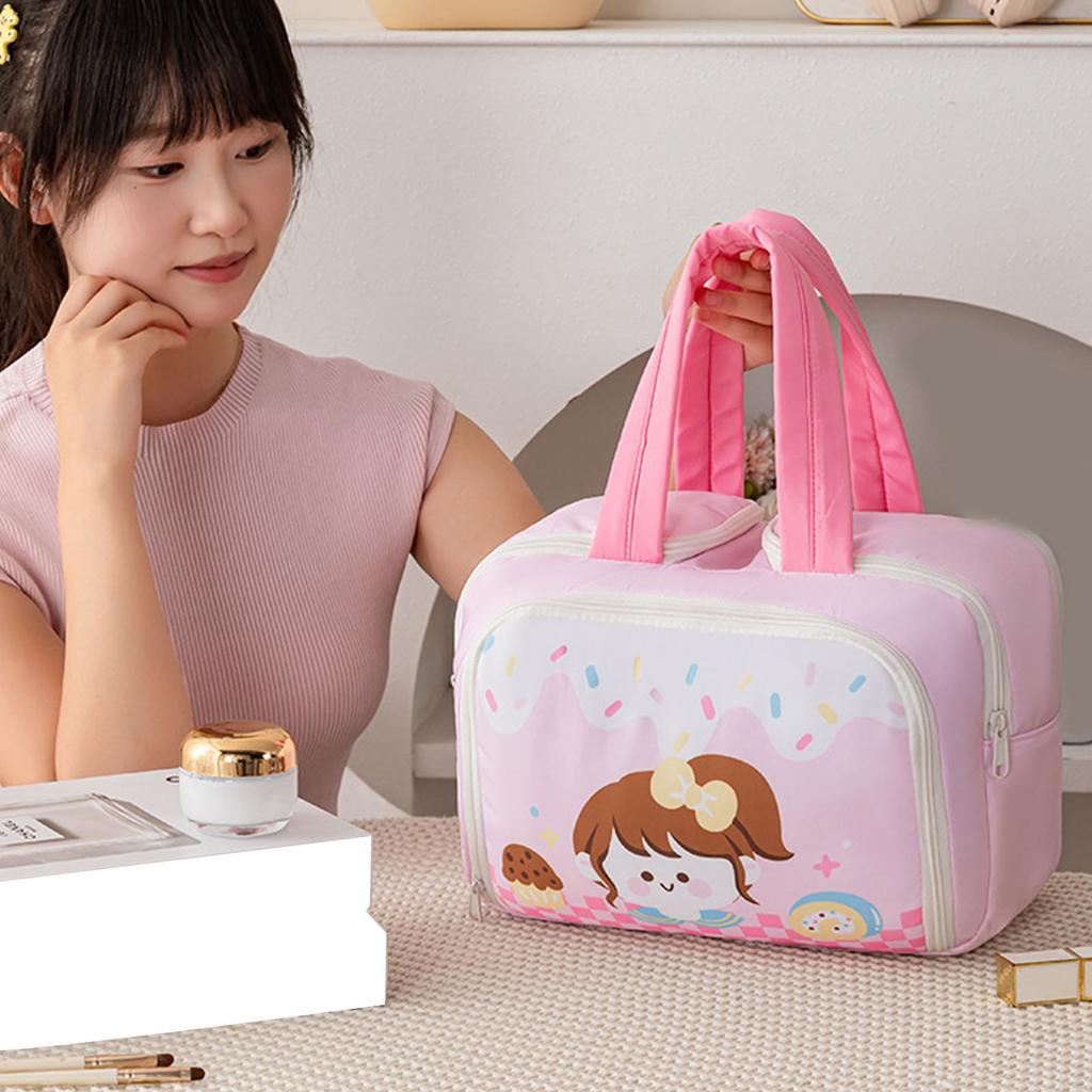 Spacious Multi Compartment Makeup Organizers With Cute Handle Durable Polyester Travel Cosmetic Case For Daily Use