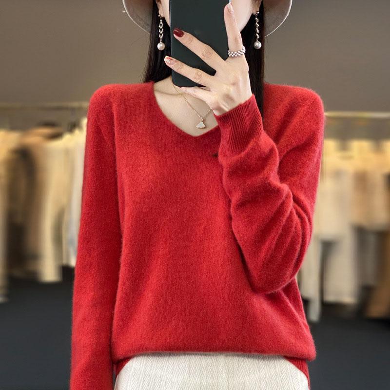 Modny Wełniany Sweter Kaszmirowy Pulower Damska Dzianina Dekolt V Długi Rękaw Jesień Zima Moda Podstawowa Odzież Topy