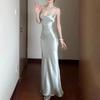 Women's Satin Spaghetti Strap Maxi Dress Sweetheart Neck Ruched Waist Mermaid Evening Party Gown