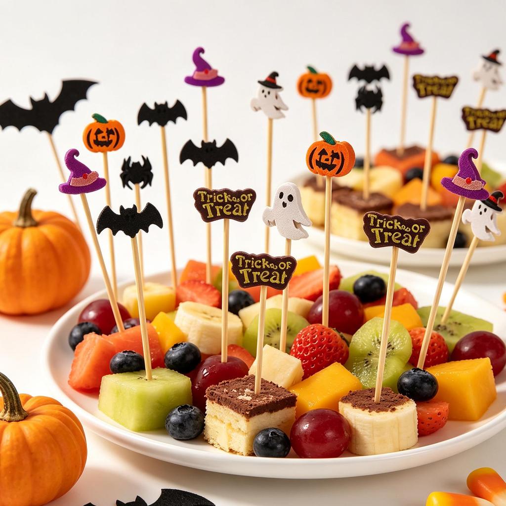 Halloween Wooden Picks Pumpkin Ghost Bat Fruit Toothpicks for Halloween Party Cupcake Dessert Food Table DIY Decoration Supplies