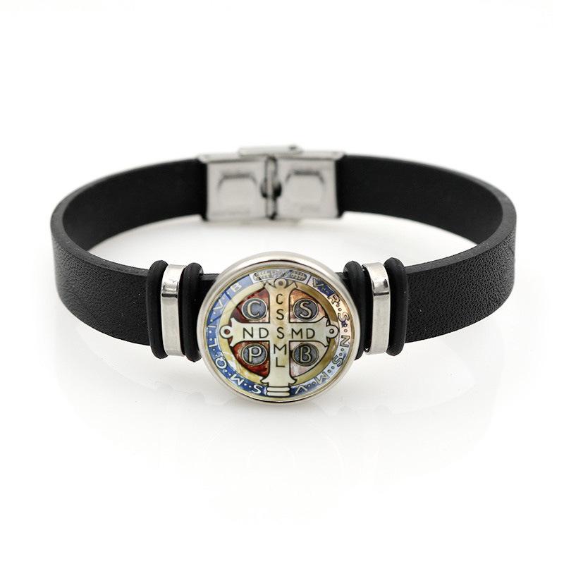Benedict Saint Elegant Medal Adjustable Bracelet Stylish Black Leather Jewelry Gift Unisex