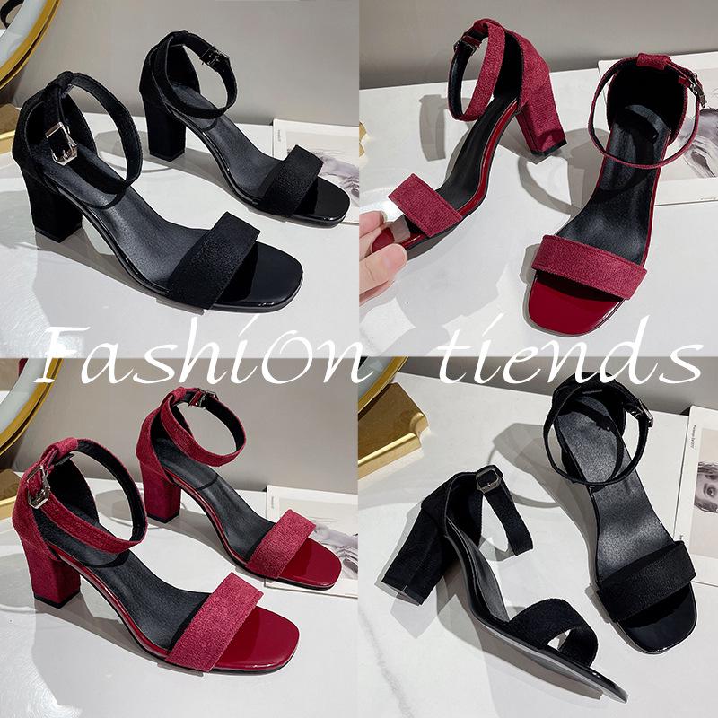 Elegant Suede Thick-Heeled One-Strap Sandals for Women: Versatile Black and Red, 2026 Summer Collection