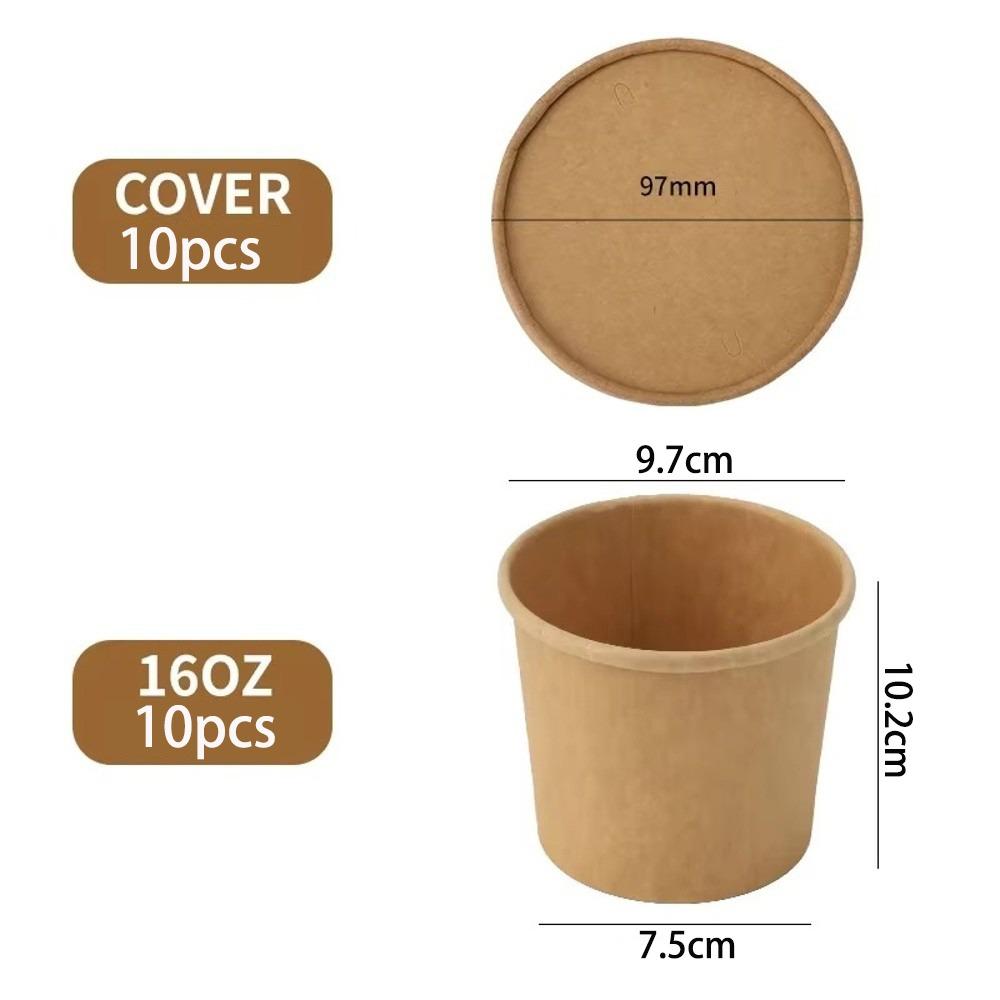 10PCS Disposable Takeaway Packing Boxes with Lid Round Paper Soup Bucket Kraft Paper Lunch Box
