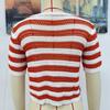 Women's Fashion Button Spliced Pullover Striped Round Neck Short Sleeve Sweater Top