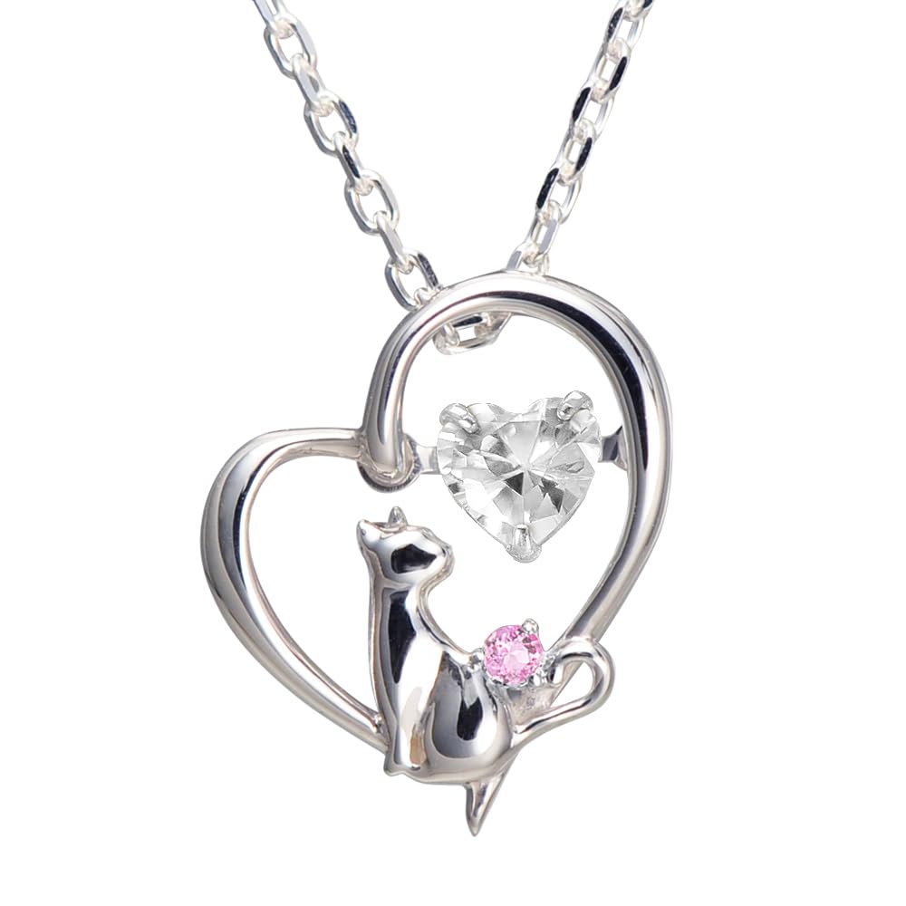 

Necklace Heart Cat Dancing Stone Silver Selectable Birthstone Pink [Future Angel] Women s [White] (October Tourmaline)