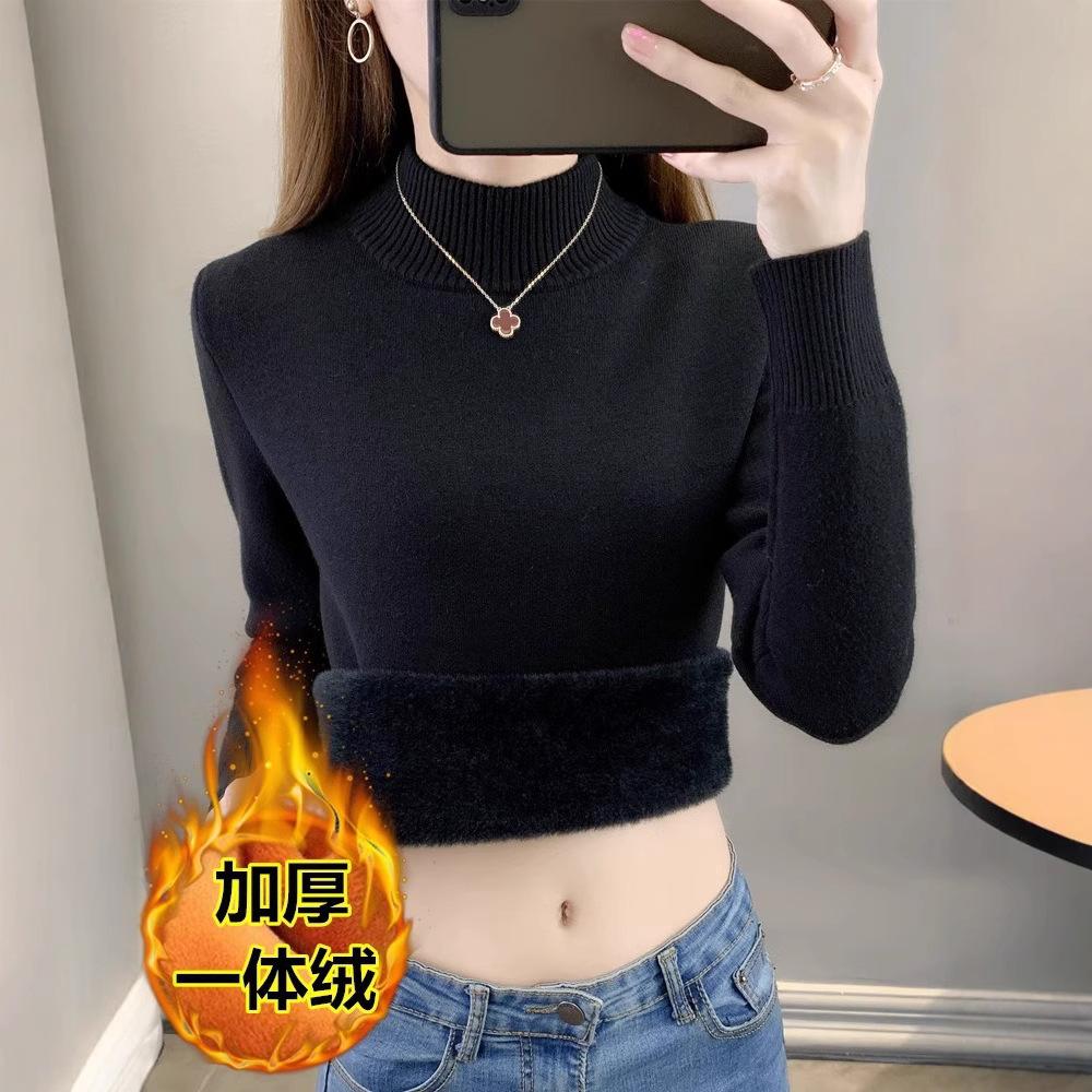 Autumn Wram Add Velvet Round Collar Long Sleeve Knitted Sweaters Women Korean Japan Style Knitwear Slim Pullovers