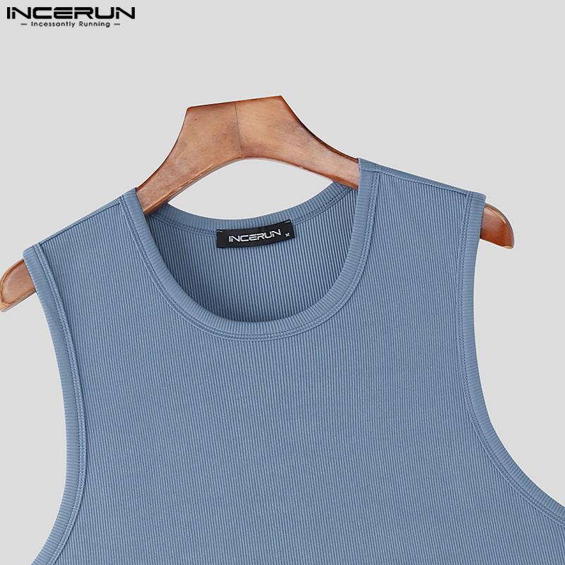 INCERUN Summer Men Round Neck Sleeveless Semi-Sheer Rib Casual Tank Tops