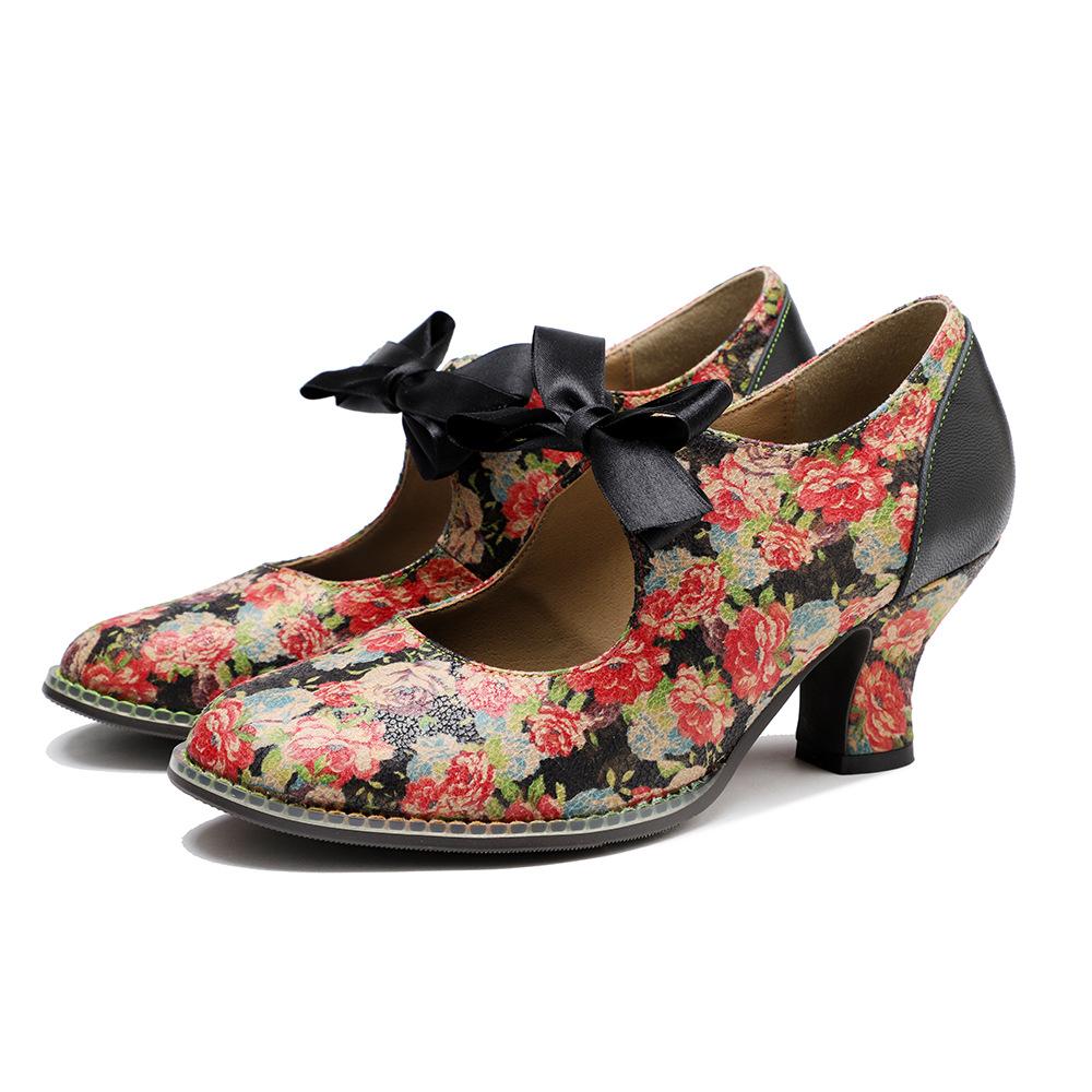 Johnature Dames Schoenen Zoete Print Pumps Vintage Landelijke Bloemige Kant Strik Dames Middelhoge Hak Schoenen