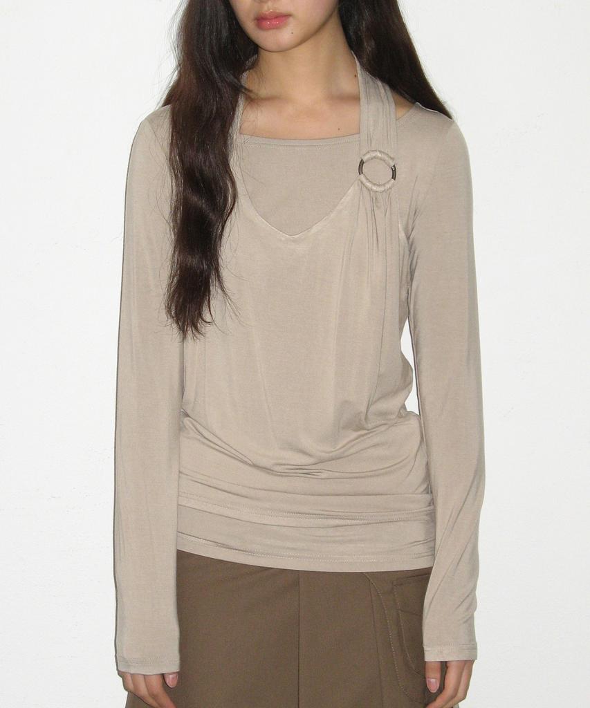 PLACE STUDIO Halter Neck Shirred Strap O-Ring Point Layered Sleeveless T-Shirt Set _3 Colors