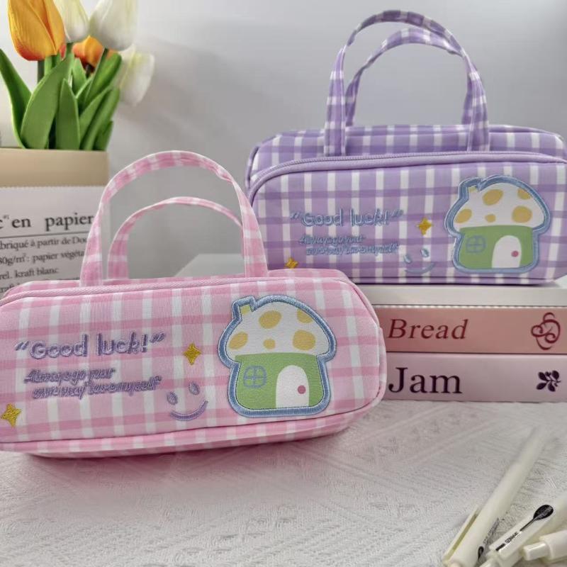 Double Layer Plaid Student Pencil Box With Handle 2 Zippers Durable Stationery Holder for Middle High School Students