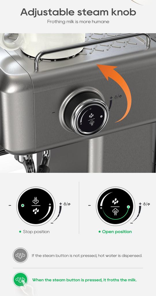 HiBREW H10A Halbautomatische Espressokaffeemaschine, 20 Bar, Kalt-/Heißkaffeemaschine, Temperatur Einstellbar, Milchaufschäumer