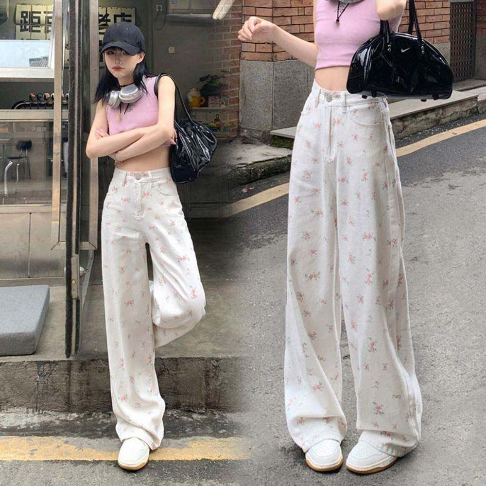 

Y2K Women s Floral Printted Jeans Long Summer Straight Oversized Pants Summer XL