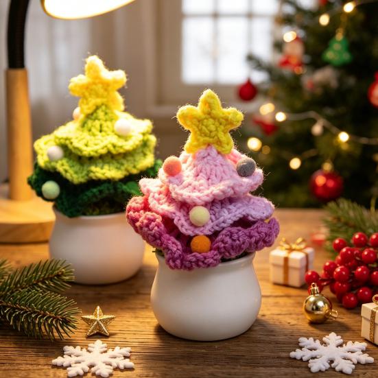 Holiday Desk Accessories for Office Hand Crochet Potted Christmas Tree, Creative Knitted Plant, Mini Crocheted Ornaments Cute Home Desktop Decorations