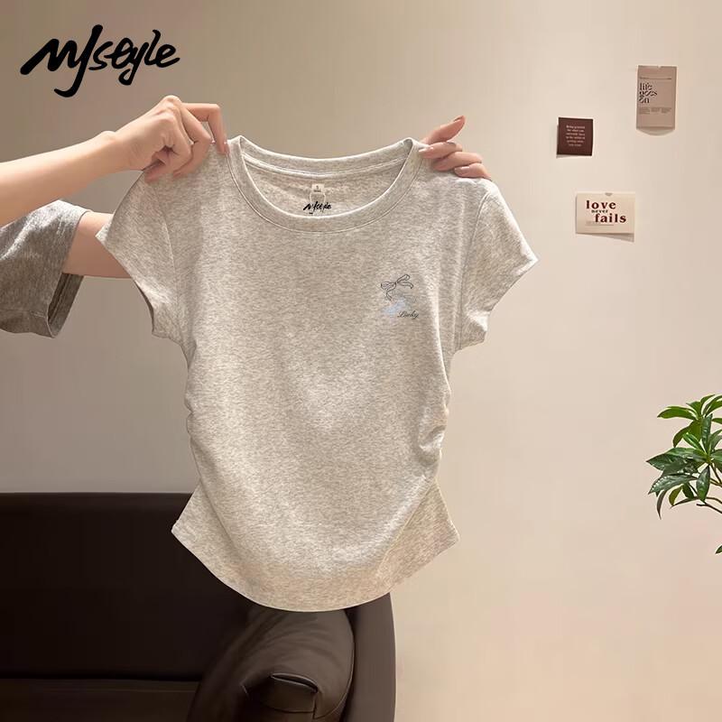 MJ STYLE Women s Bowknot Design Ruched Short Sleeve T-Shirt M