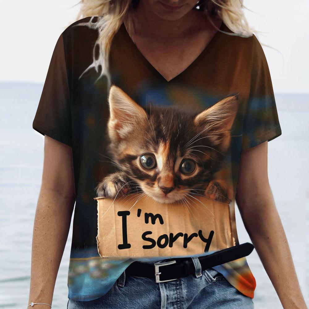 Summer Funny Cat Sorry 3D Print T-shirt Women Streetwear Casual T Shirts Y2k Tops Woman Harajuku V-Neck Tees Oversized Clothing