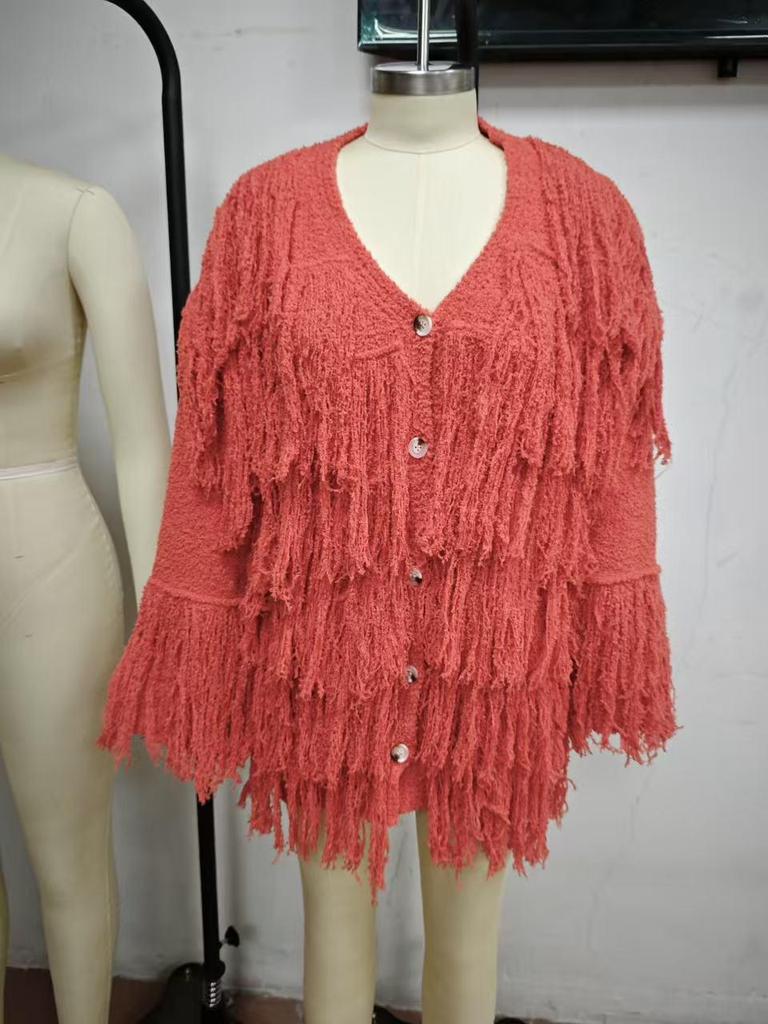 2026 Autumn/Winter French Tassel V-Neck Knit Cardigan Sweater