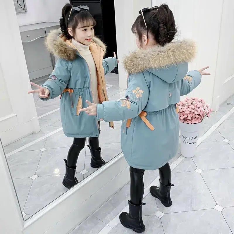 Girls' Winter Clothes Cotton Jacket Korean Version Fashionable Embroidered Cotton Jacket with Thick Fur Collar and Cotton Jacket