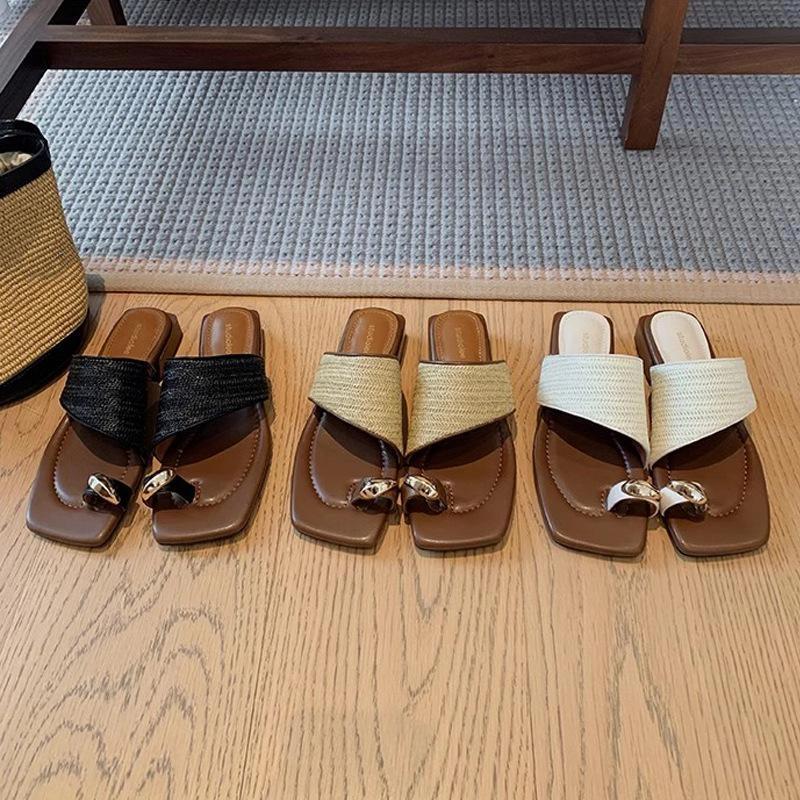 Summer Vacation Style Metal Clip Feet Temperament Square Headed Grass Braided Toe Sandals And Slippers Women's Outer Wear