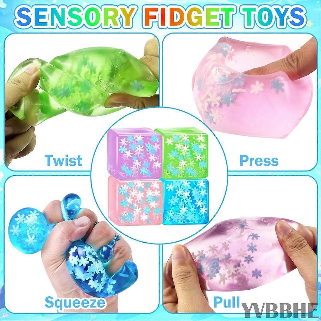 4 Pack Squeeze Cube with Glow in The Dark Snowflakes Inside, Squishy Fidget Gummy Toys,Luminous Sensory Toys for Kids Autism,Maltose Balls for Anxiety