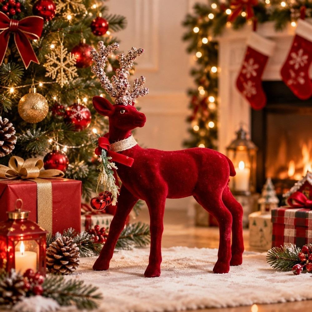 Glänzende Geweihe Weihnachts-Elch-Figur Beflockte Textur Glitzer-Schleife Hirsch Geschenk