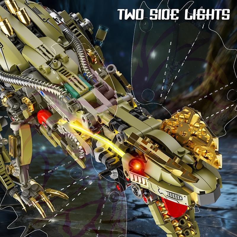 Non-Toxic 1277Pcs Mechanical Dinosaur Blocks Dual Crested Dilophosaurus Light Up Moving Model Jurassic Decor Creative Gift Set