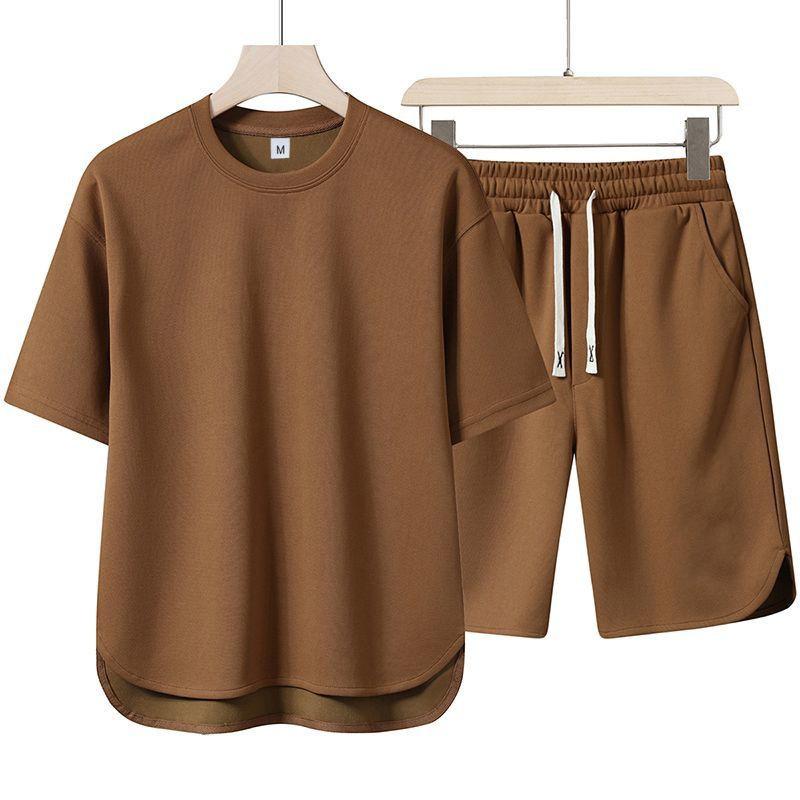 

Summer Men Suit Round Neck Short Sleeve T-shirt+shorts Two Piece Set Loose Outdoor Sports Casual Solid Color Tracksuit 4XL