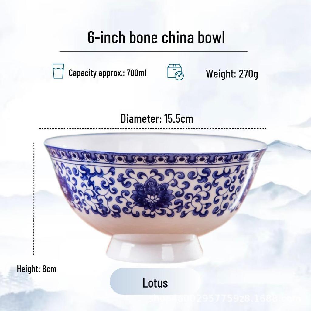 Blue and White High-Foot Bone China Noodle Bowl - Chinese-Style, Anti-Scald, Customizable for Birthdays