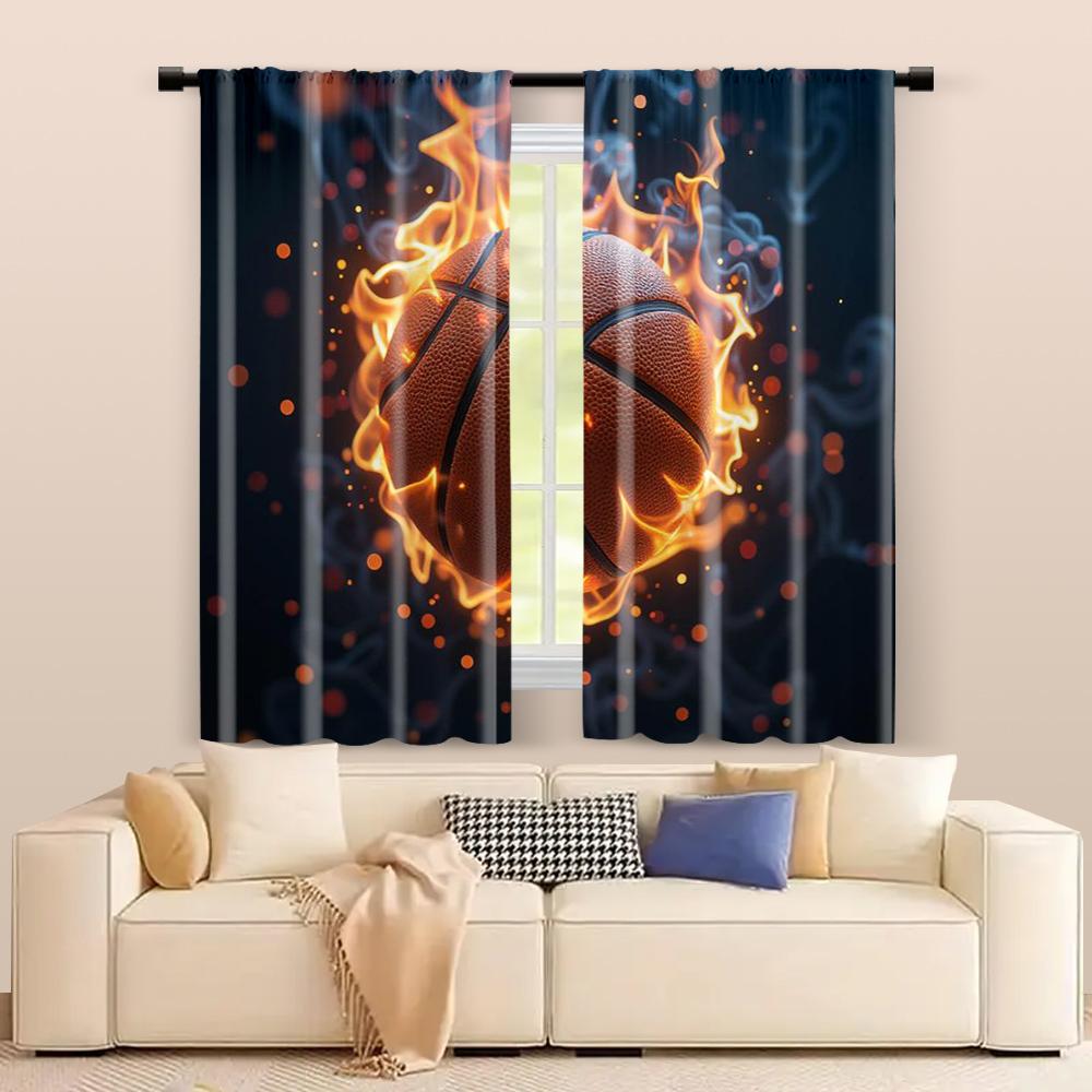 2 Pcs, Filtering Curtains (excluding Rods, Non-movable, Without Batteries) Artistic Basketballbackgroundsuitable for Use In