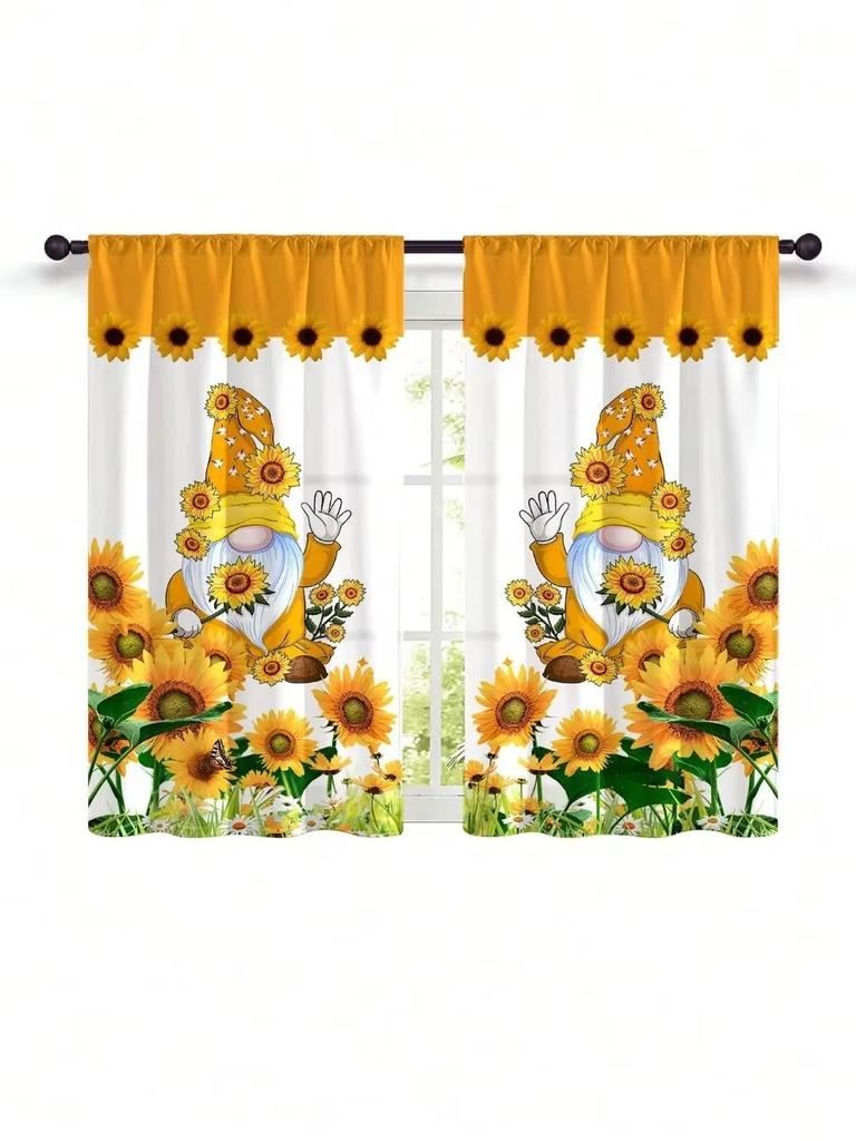 2 Pcs Window curtain,Modern Fresh Checkered Sunflower Printed Home Decoration Kitchen Bedroom Window Curtains With Rod Pocket