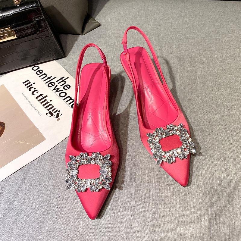 

Fashion Sandals Women 2024 Summer New Square Buckle Thin Heel Diamond Pointed Shallow Mouth High Heel Single Shoes for Women 41 красный