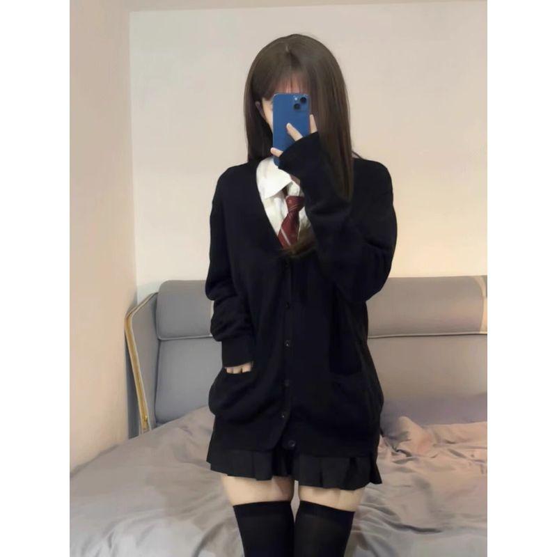 

Японский студенческий стиль верхняя одежда вязаный кардиган в тон форма JK Black S